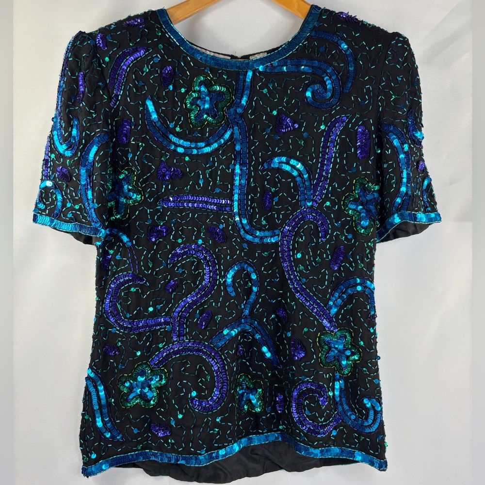 Vintage Laurence Kazar Black Blue Purple Sequin Beaded Short Sleeve Small Shirt